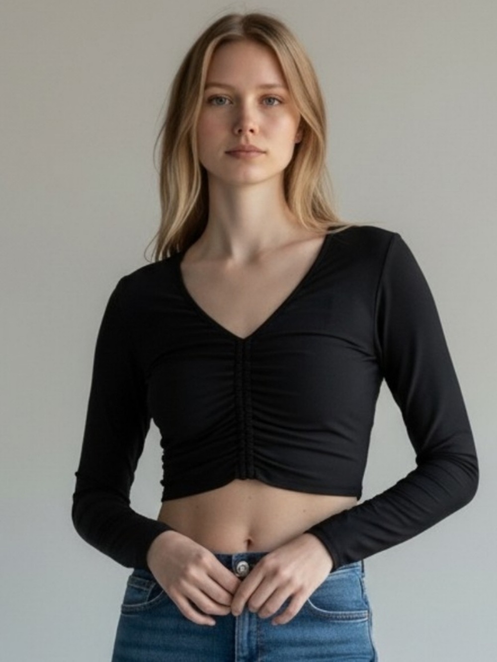 Calia by Carrie Underwood Black Long Sleeve Ruched Cropped Top – NWT - MSRP $58